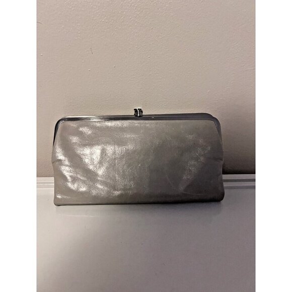 HOBO International Lauren Clutch Wallet Light Gray Leather KissLock Double Frame - Picture 3 of 16